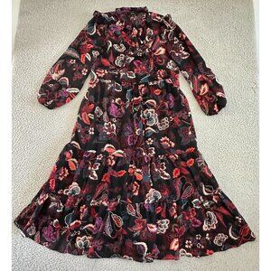 Maia‎ Maxi Dress Tiered Sheer Black Contrast Floral Ruffled